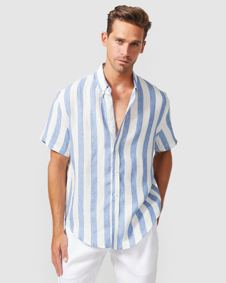 Chemise en lin à rayures bleues S/S 