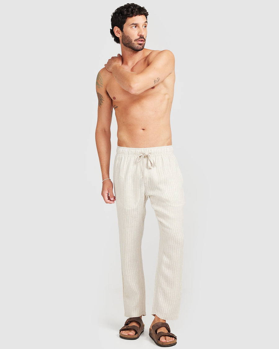 Pantalon en lin à rayures marron 