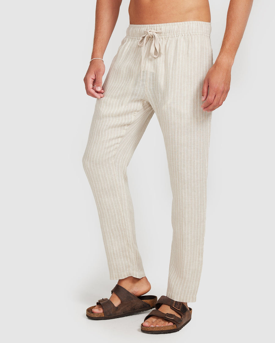 Pantalon en lin à rayures marron 