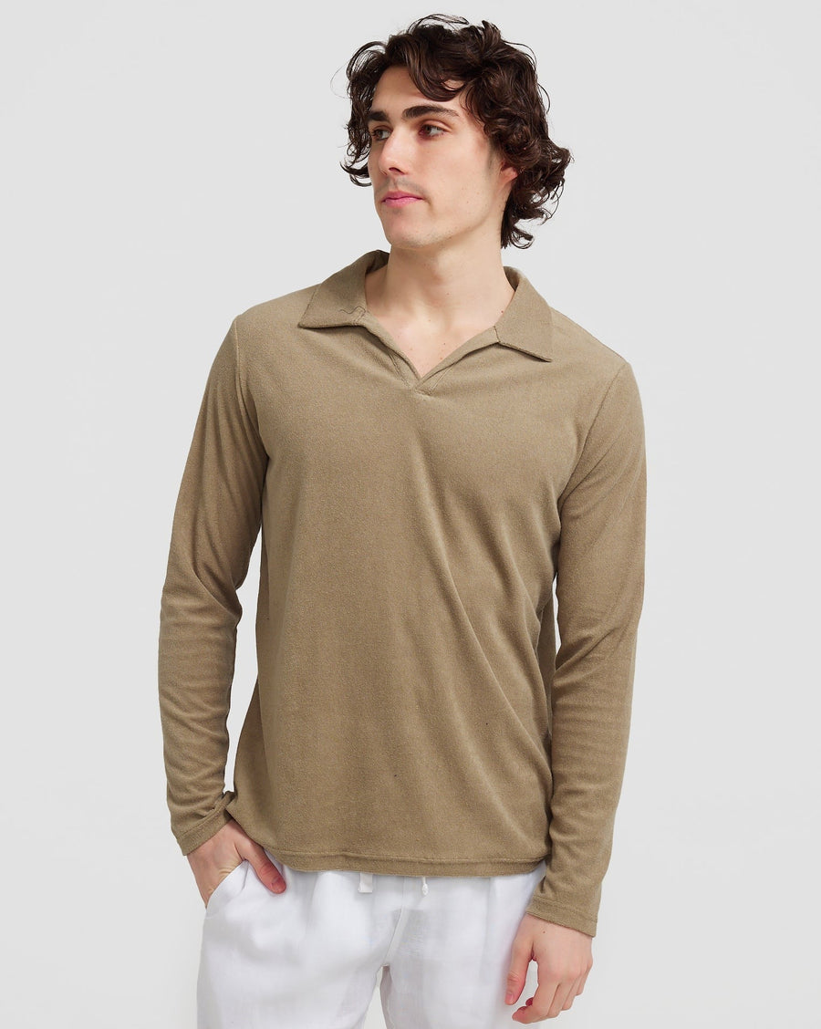 Polo à manches longues en tissu éponge olive 