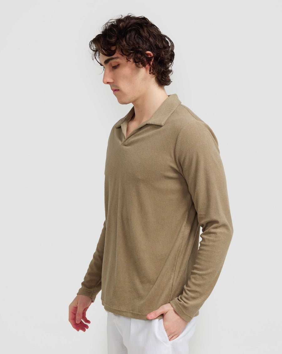 Polo à manches longues en tissu éponge olive 